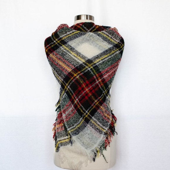 Vintage Tartan Plaid Winter Wrap in White Black Red Green Yellow - Picture 4 of 5